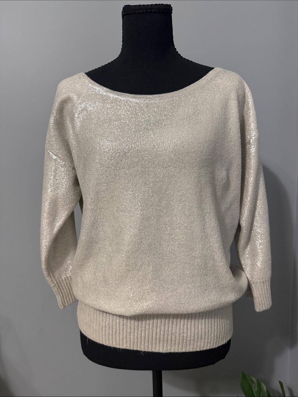 hinge Metallic Cream Off-the-Shoulder Sweater